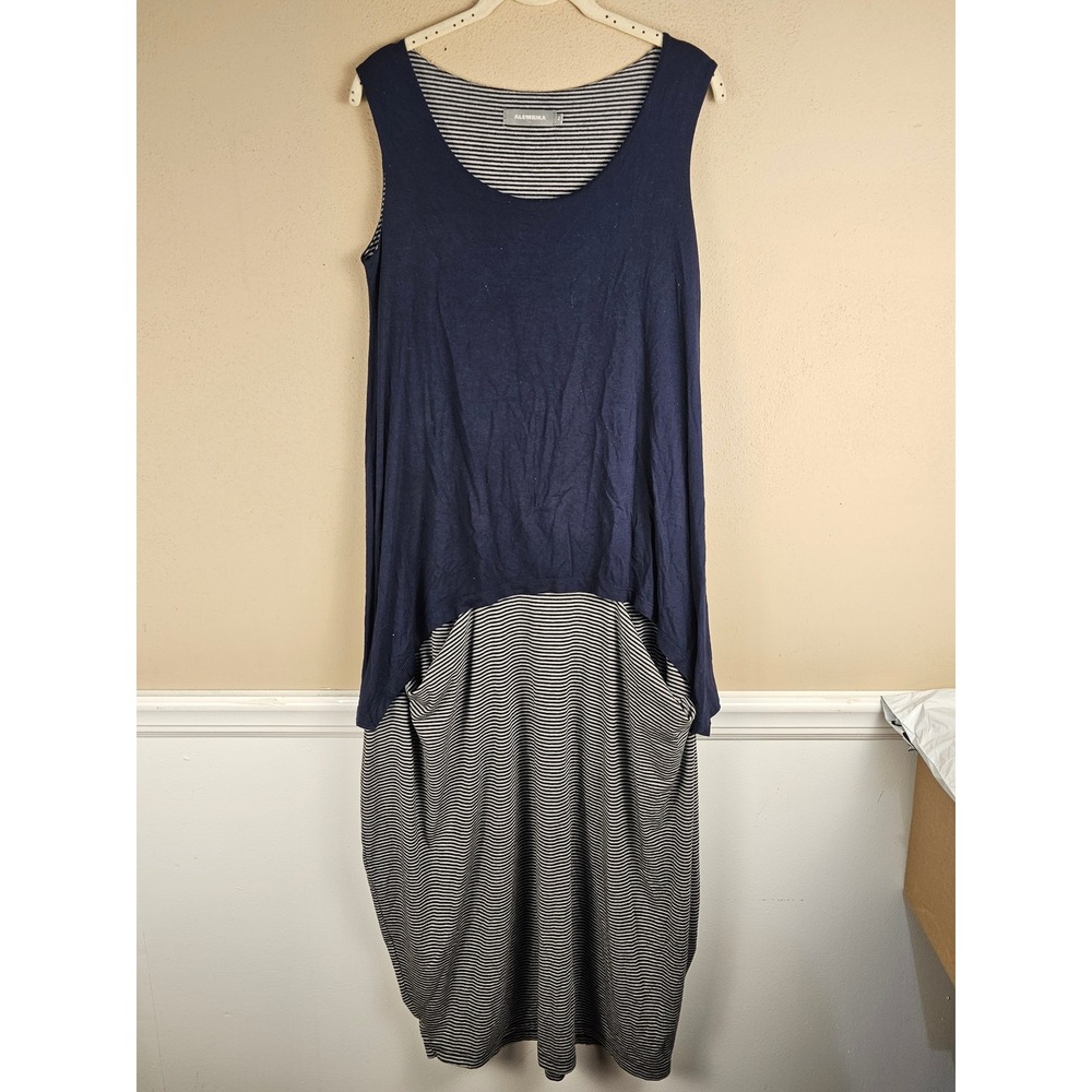 Alembika Womens Navy Stripe Asymmetrical Lagenlook Maxi Dress 2 Medium